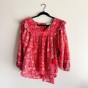 Cleobella Red + White Mylah Ruffle Sleeve Boho Floral Print Blouse Large Artsy
